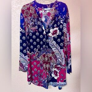 Large Blue & Cranberry Graphic Print Tunic Top
